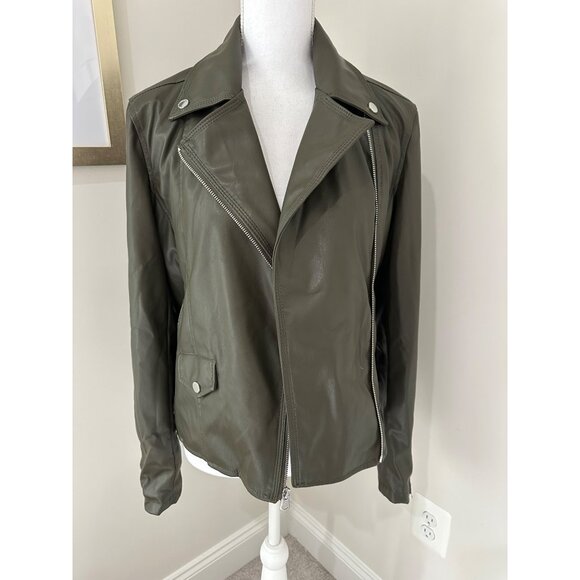 French Connection Womens Olive Green Faux Leather Moto Biker Jacket Size S - Picture 13 of 16